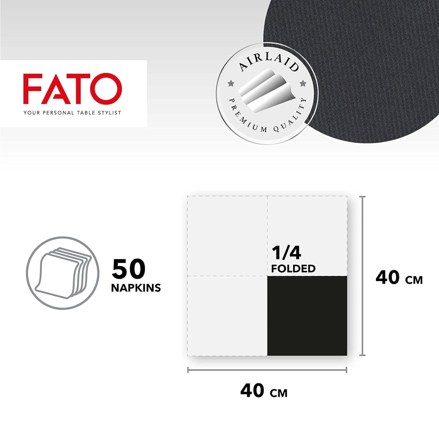Fato - Serviettes en papier sec, Airlaid, effet tissu, paquet de 50 serviettes, format 40X40 pliées en 4, couleur noir