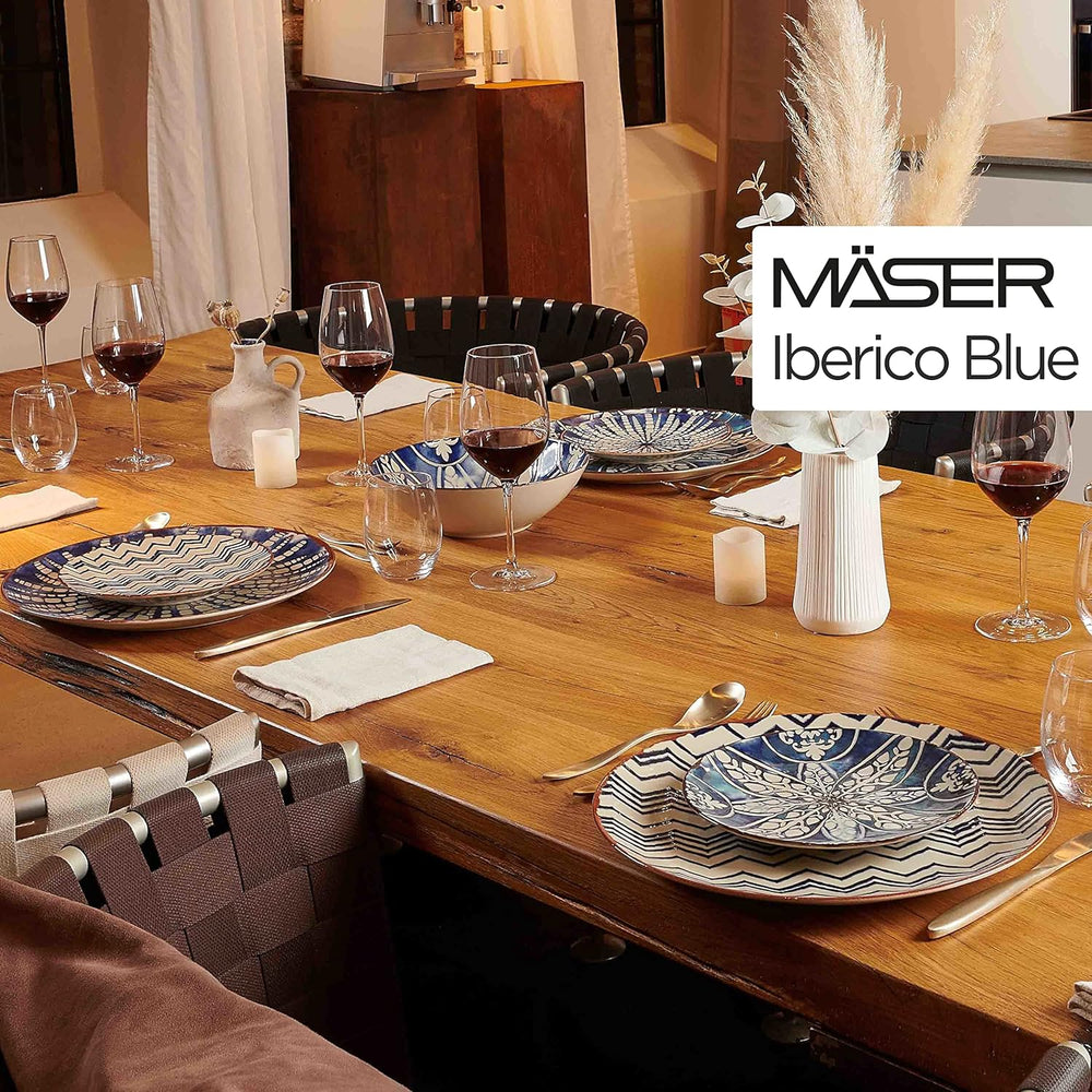 MÄSER 934017 Service de table ibérique bleu pour 4 personnes, 12 pièces, style mauresque, différents designs vintage en blanc et bleu, céramique