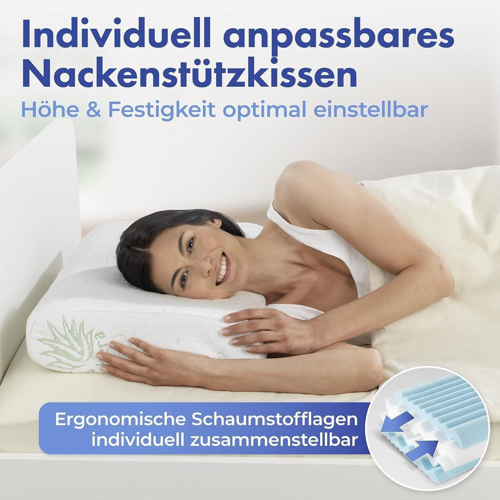 Oreiller de soutien cervical en visco Maximex, Oreiller de soutien respirant avec rembourrage en mousse ergonomique, Oreiller de soutien cervical réglable en hauteur et en hauteur pour un sommeil réparateur, Avec aloe vera Oreillers standards Naty Shop