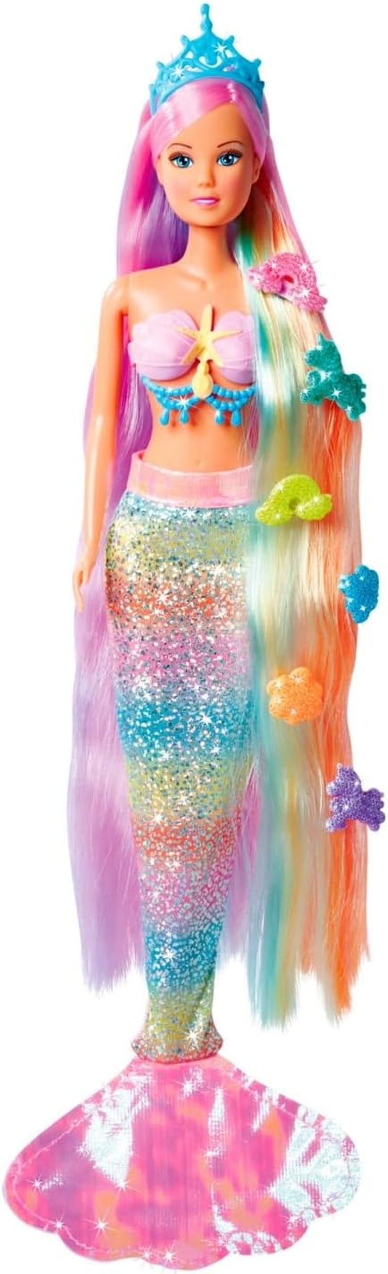 Simba 105733610 - Steffi Love Rainbow Mermaid, poupée mannequin sirène arc-en-ciel avec cheveux colorés, pinces à cheveux, peigne et nageoire amovible, poupée de jeu 29 cm, à partir de 3 ans