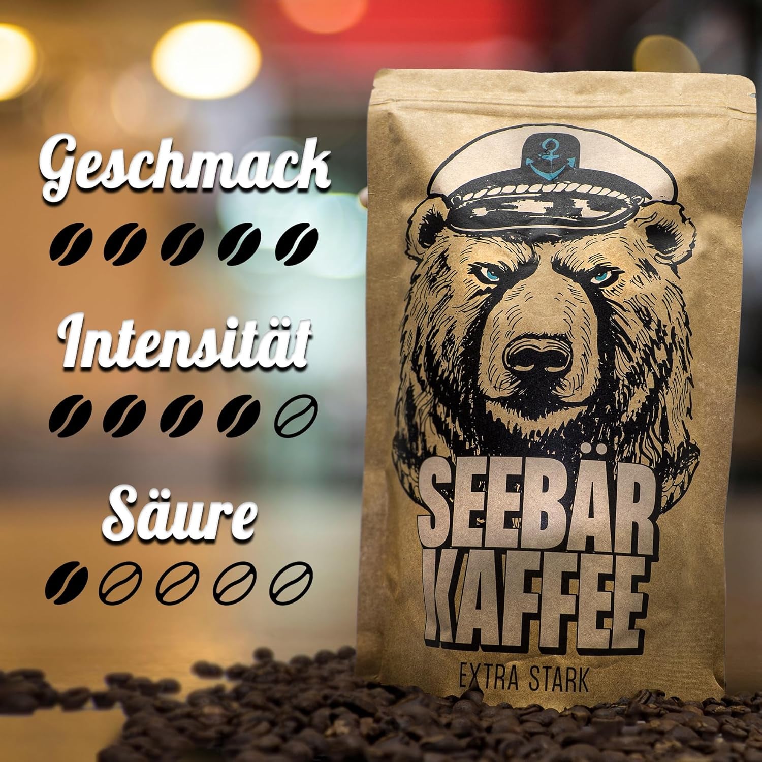 SEEBÄR COFFEE - Grains de café extra forts - 500g - Faible acidité et arôme intense - Grains entiers pour machines à café entièrement automatiques, expresso et presse française - Teneur élevée en caféine et faible acidité