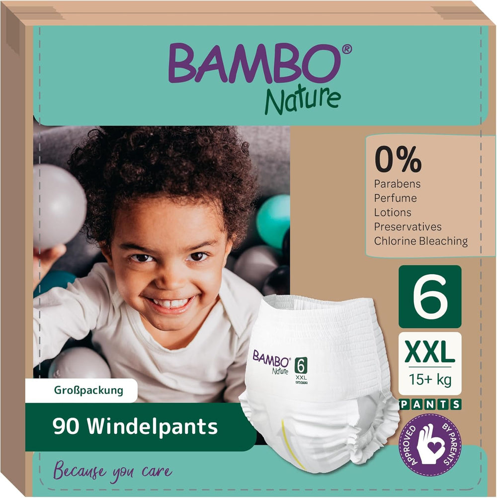 Couches pour bébé Bambo Nature, taille 6 (15+ kg) - Boîte mensuelle de 90 | Couches pour nourrissons avec protection améliorée contre les fuites | Confort et liberté maximum pour les enfants actifs | Couches testées dermatologiquement