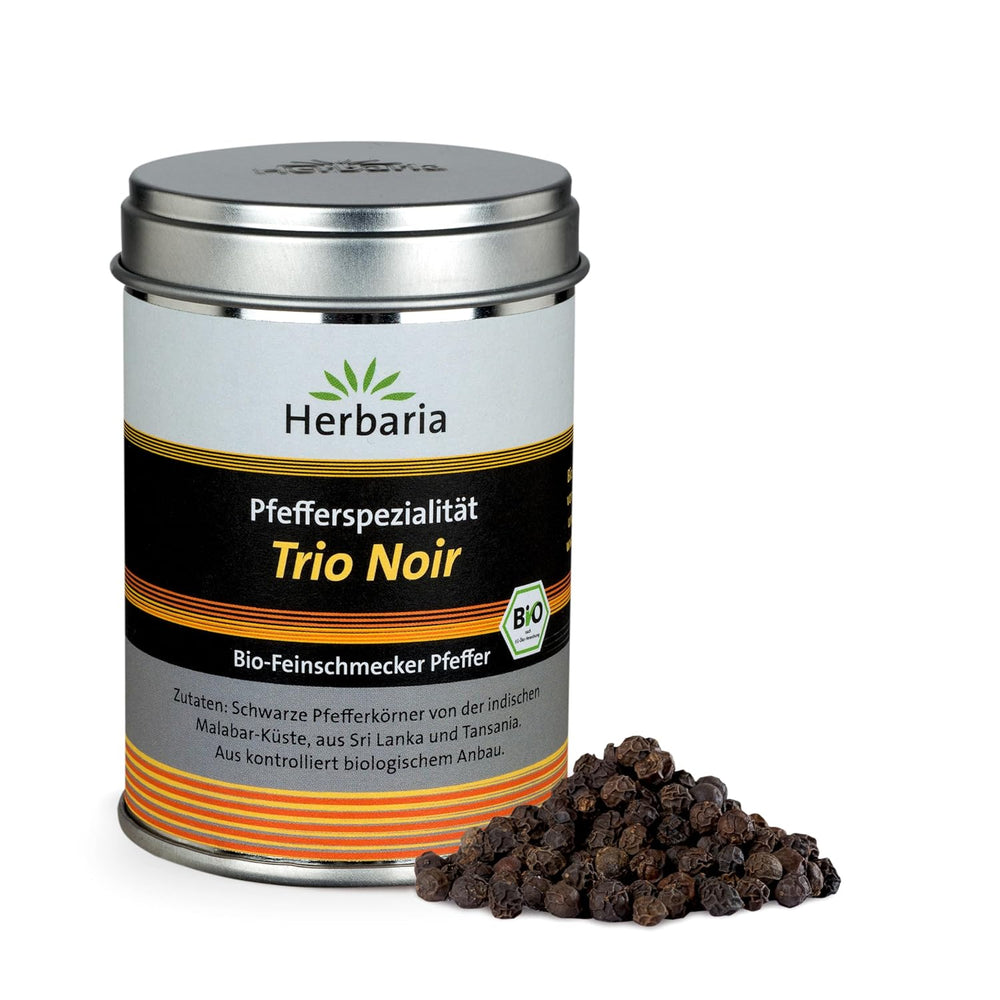 Herbaria Trio Noir bio 75g M-Dose – Bio Pfeffer schwarz ganz – ganze Pfefferbeeren – schwarze Pfeffermischung aus biologischem Anbau von trois verschiedenen Regionen - in nachhaltiger Aromaschutz-Dose