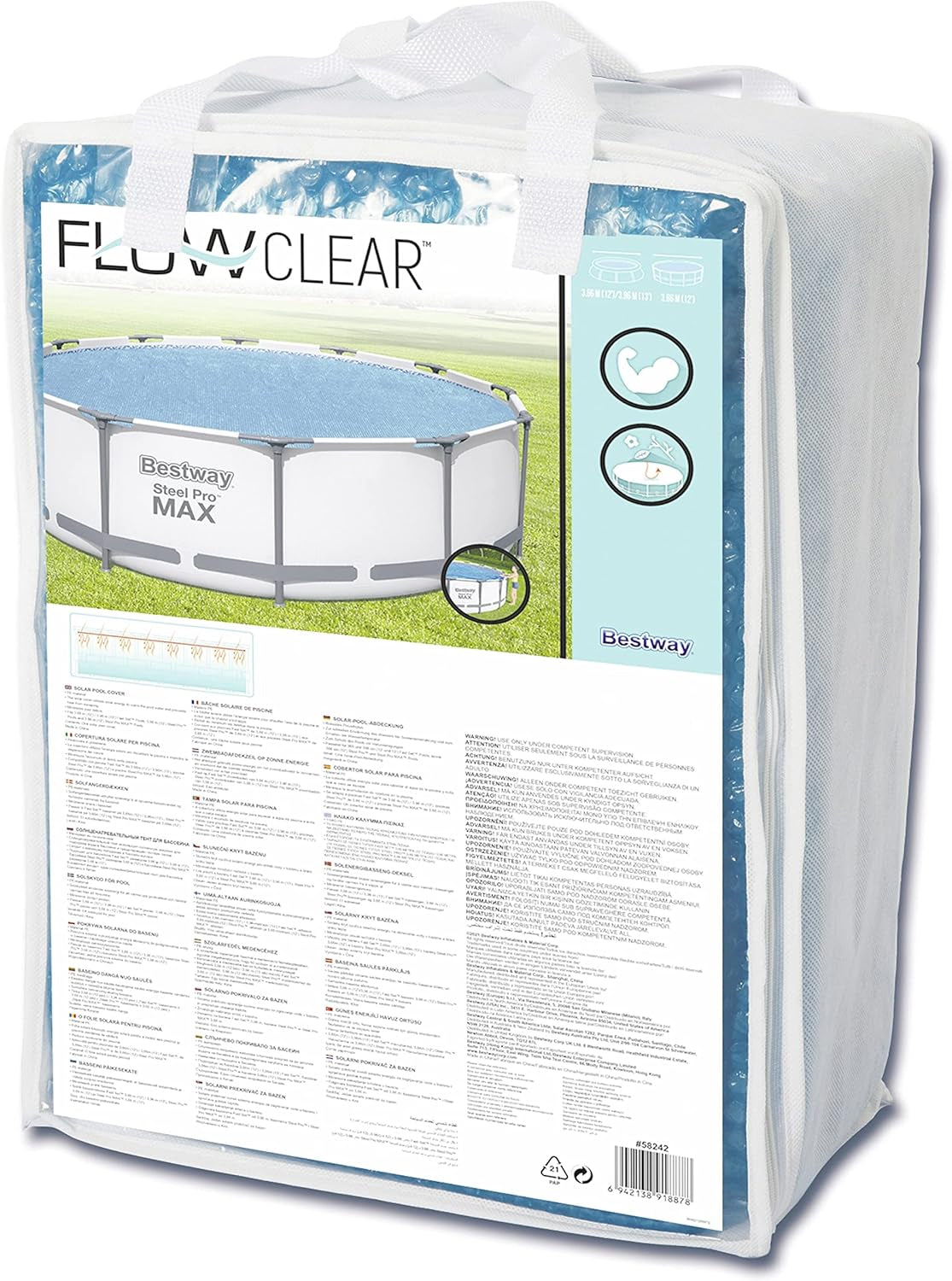 Bestway Flowclear Couverture Solaire pour Piscine, Ø 356 cm, pour Piscines Hors Sol Rondes de 366 cm et 396 cm, Bleu, 58242