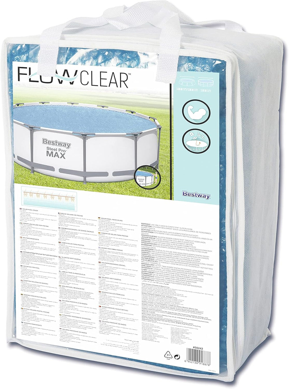 Bestway Flowclear Couverture Solaire pour Piscine, Ø 356 cm, pour Piscines Hors Sol Rondes de 366 cm et 396 cm, Bleu, 58242