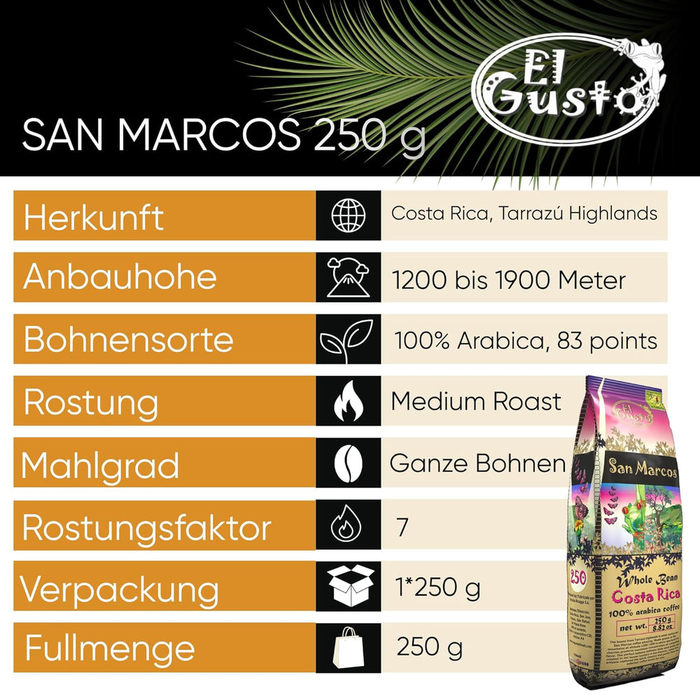 El Gusto San Marcos Café spécialisé | Ganzen Bohnen Mittlere Röstung | Café gastronomique avec Schokoladenaroma mit leichter Zitrussäure | Café 100 % Arabica du Costa Rica | Café de spécialité | 250 g