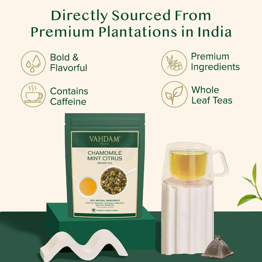 VAHDAM, ceai verde cu mușețel, mentă și citrice (100 g) Ceai natural 100% | Ceai verde, flori de mușețel, mentă, coji de portocală, ceai de mușețel | Direct de la sursa din India