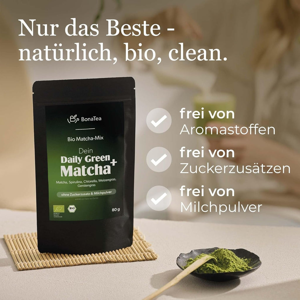 Bio Daily Green Matcha+, amestec de matcha cu spirulină, chlorella, iarbă de grâu, iarbă de orz și 60% matcha premium organic din Japonia, 80 g