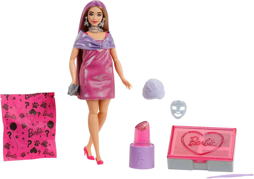 Barbie Party Unboxed Puppe und Accessoires, Glam Party Serie mit 10 Überraschungen, darunter eine rote glitzernde Puppe mit Farbwechseleffekt, JFY68