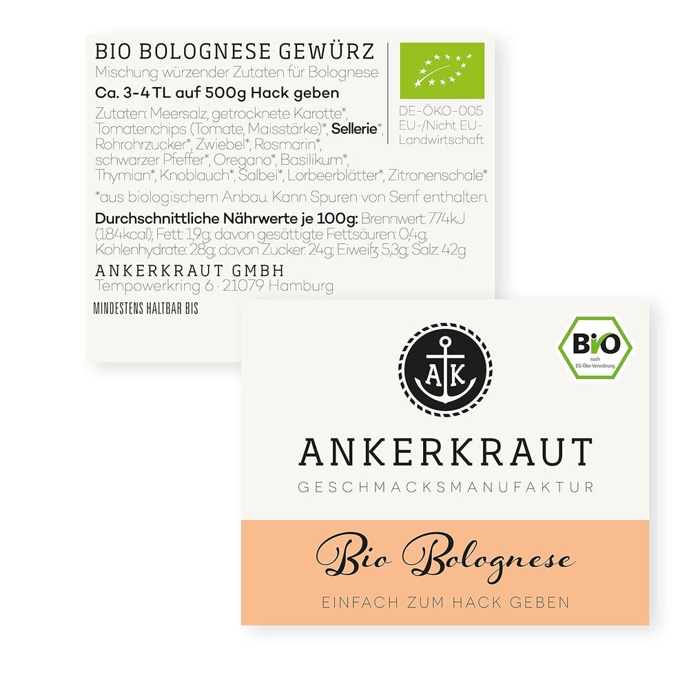 Ankerkraut Bio Bolognese Gewürz, Spaghetti et Pasta kochen, Lasagne selber machen, 90g dans Korkenglas