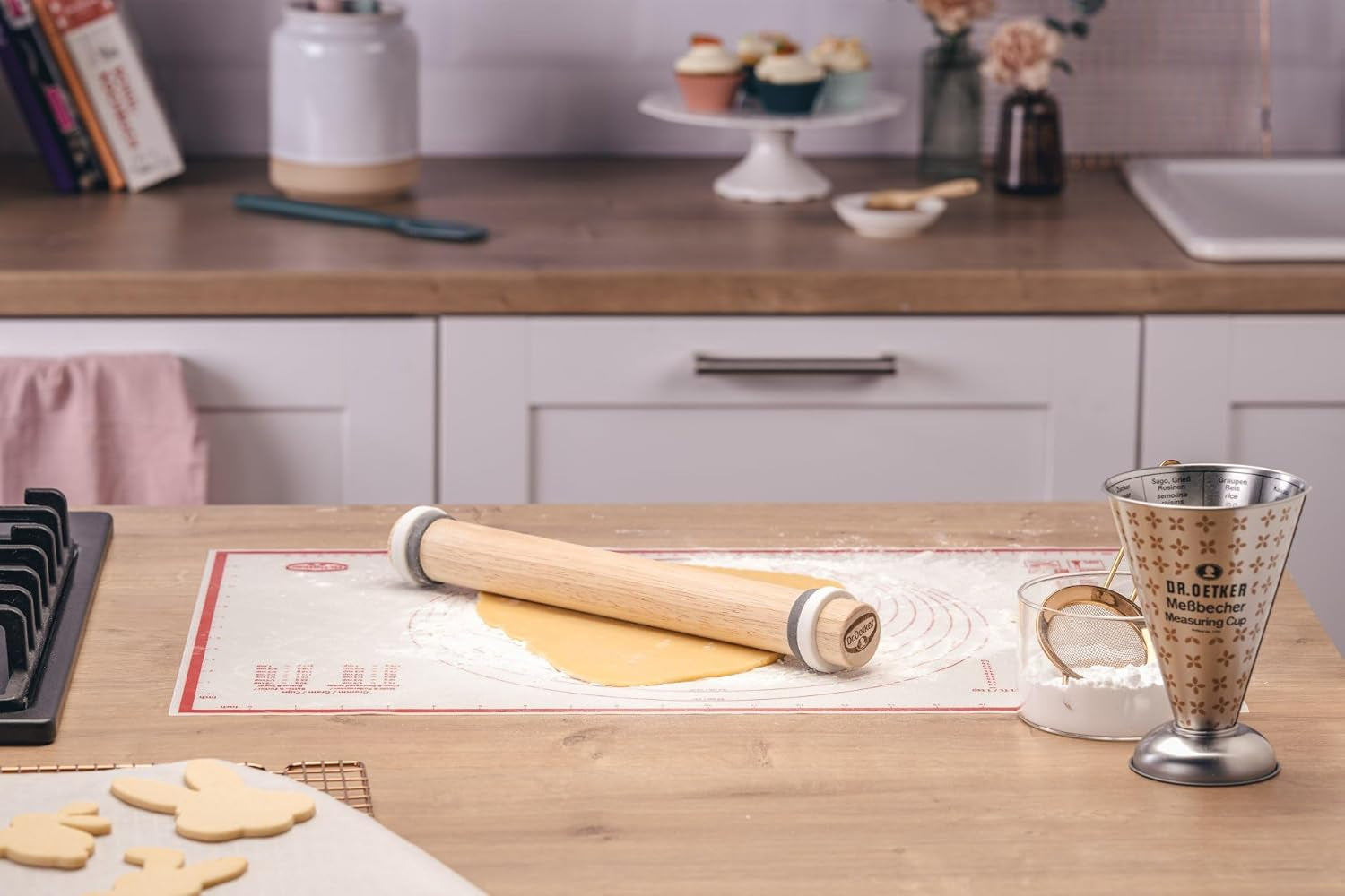 Rouleau à pâtisserie Dr. Oetker avec anneaux d'espacement - Jeu de rouleaux à pâte de haute qualité en bois d'hévéa certifié FSC avec anneaux en silicone amovibles pour un roulage uniforme