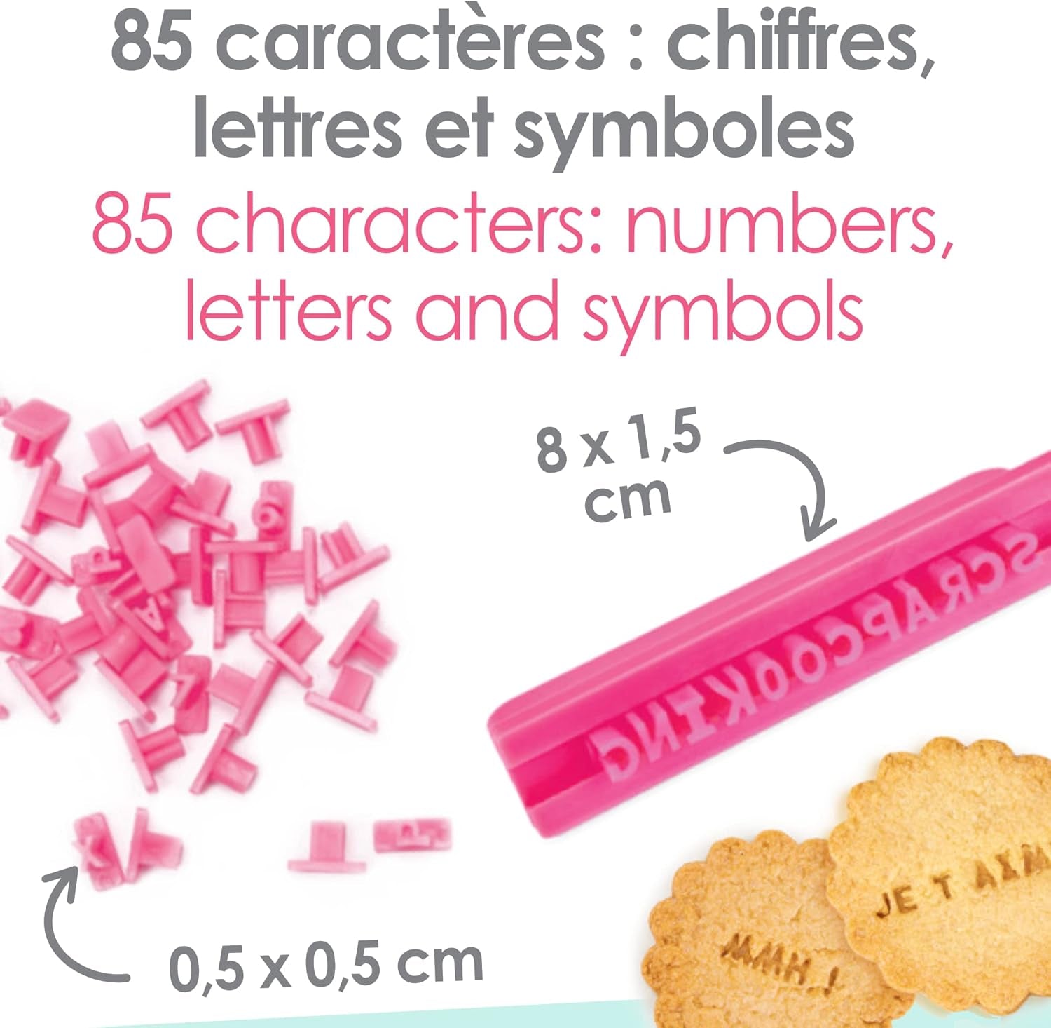 ScrapCooking 3700392420413 Ensemble de tampons à biscuits chiffres et lettres – pour fondant, biscuits, pâtisserie – matrices décorées sur mesure, plastique, rose