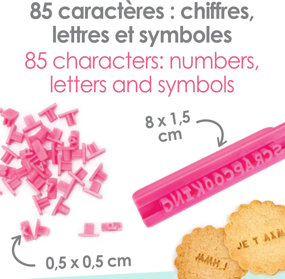 ScrapCooking 3700392420413 Ensemble de tampons à biscuits chiffres et lettres – pour fondant, biscuits, pâtisserie – matrices décorées sur mesure, plastique, rose