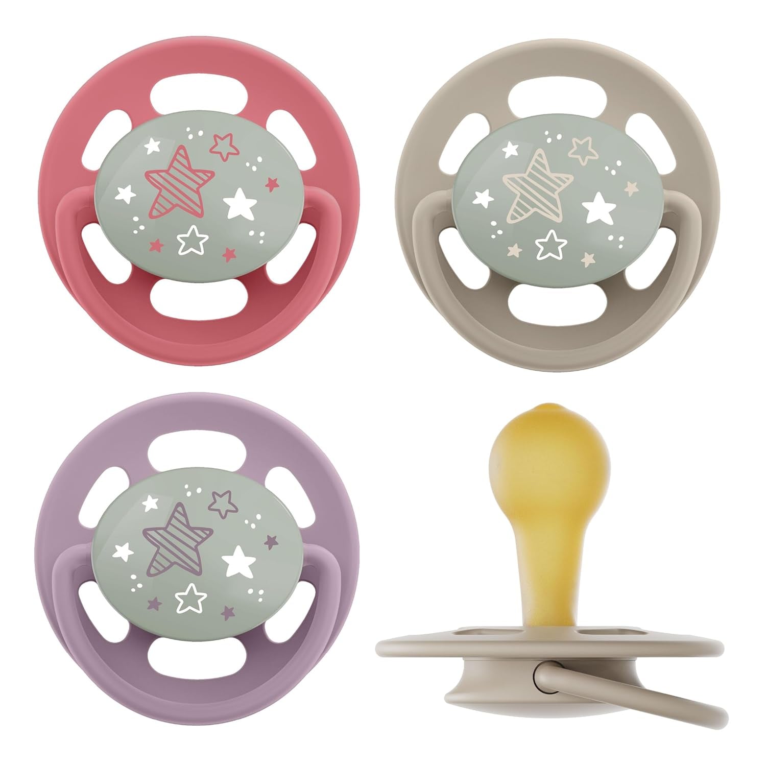 pincement - Vert Cerise | 0-6 mois | Paquet de 4 | Sucette pour bébé, adaptée à l'allaitement et à la dentition. Sucette durable, fabriquée à partir de matières premières naturelles, vert clair/marron