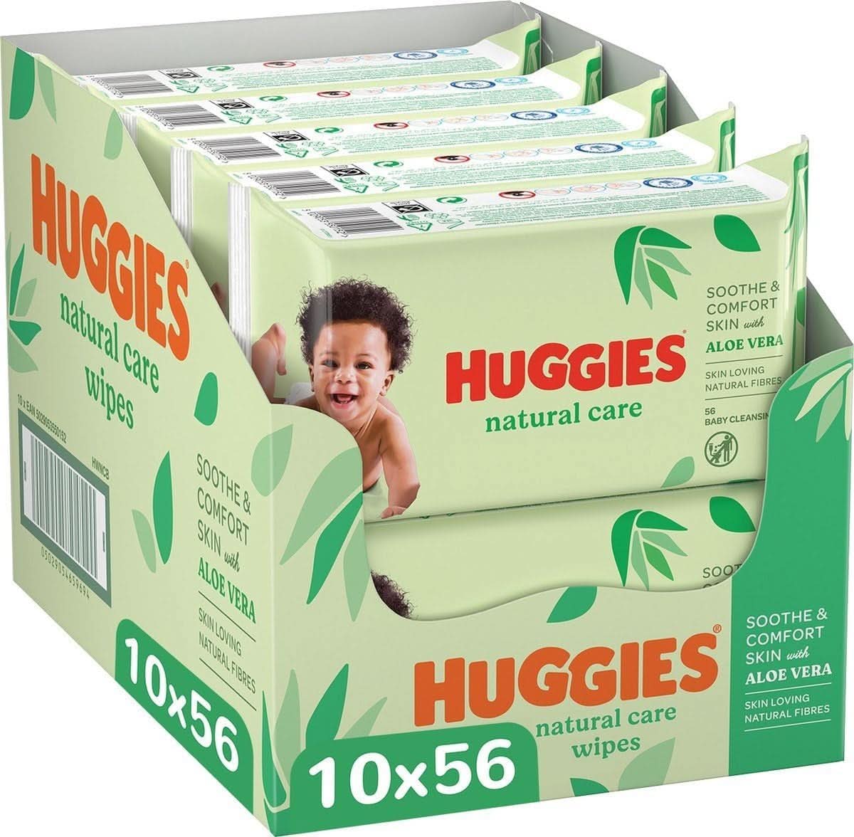Huggies® Natural Care Baby Wipes, 10 x 56 Șervețele, fabricate din fibre de îngrijire a pielii pentru o piele sănătoasă, îmbogățite cu Aloe Vera Servetele Umede Bebelusi Naty Shop