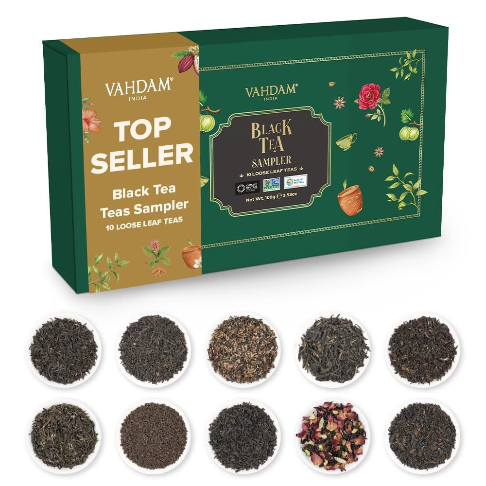 VAHDAM, set cadou cu sortimente de ceai - set de 10 ceaiuri | Ingrediente 100% naturale | Set cadou cu ceai vrac | Ceai negru, ceai verde, ceai Oolong, ceai Chai, ceai alb | Ceai vrac | Set cadou cu set de ceaiuri de probă