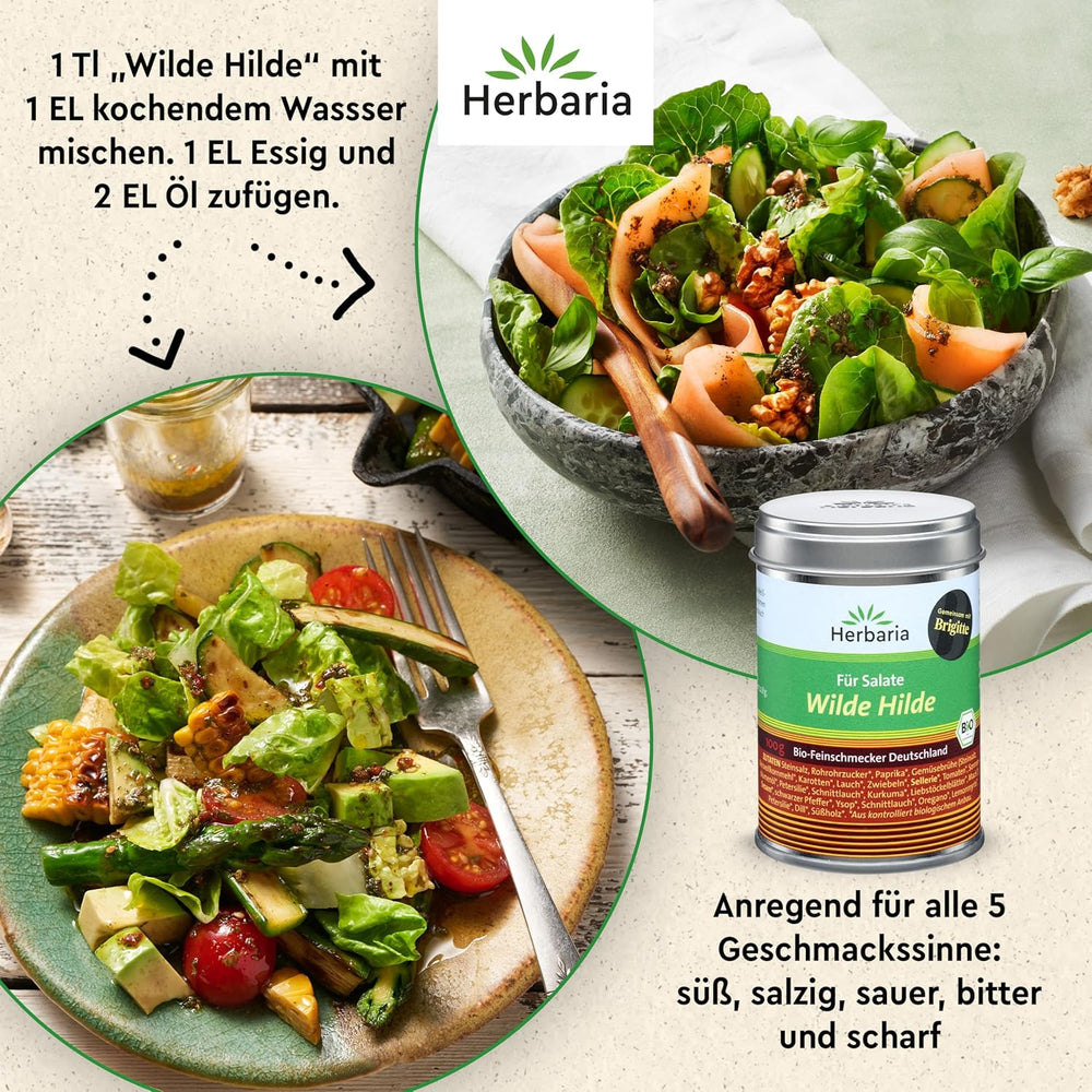 Herbaria Wilde Hilde bio 100g M-Dose-fertige Bio-Gewürzmischung - Saladewürz für ausgefeilte Salade - with erlesenen Ingredient - in nachhaltiger Aromaschutz-Dose