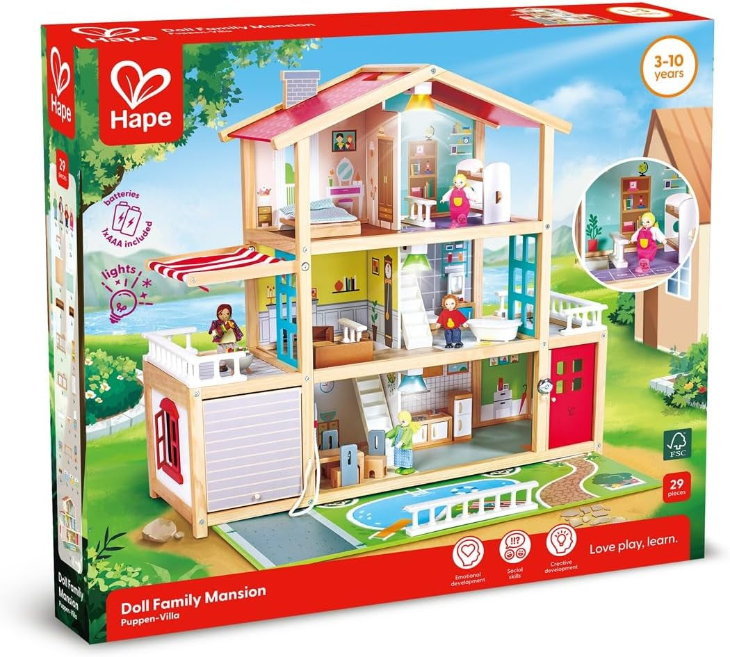 Hape Doll's Villa Maison de poupée en bois de 10 pièces, jeu de rôle créatif comprenant des meubles et des accessoires, jouet éducatif pour 3 ans et plus