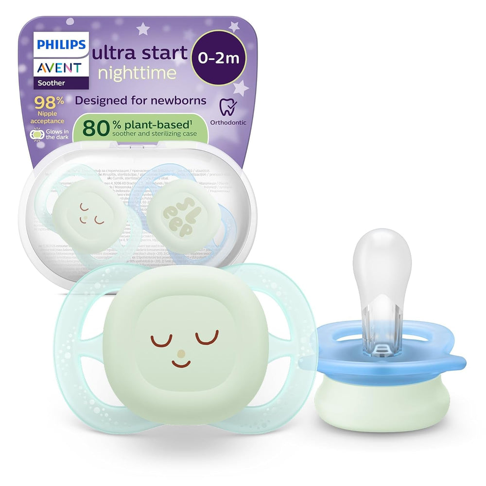 Philips AVENT Ultra Start Night Sucette, Sucette orthodontique pour nouveau-nés, Brille dans le noir, Sans BPA, avec récipient de stérilisation, Lot de 2, Lune, Étoile, SCF075/07