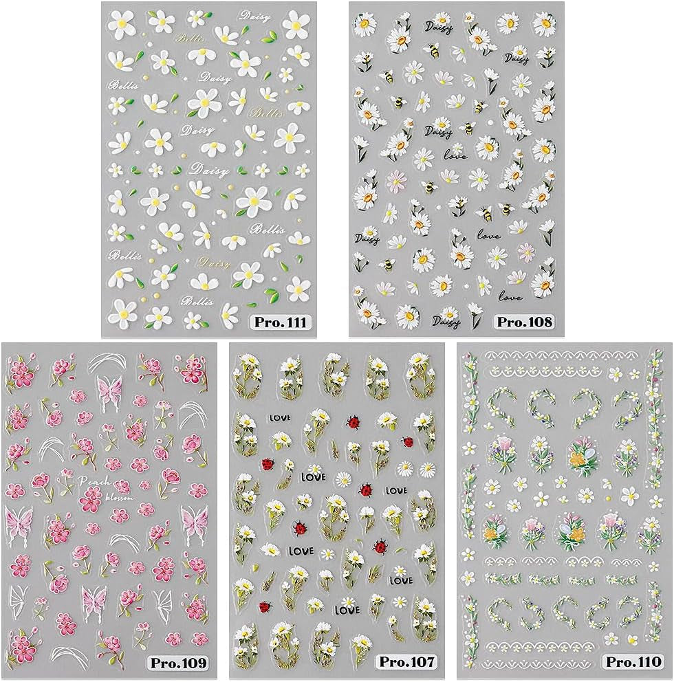 5Pcs Geprägte Gänseblümchen Nagelsticker Selbstklebend Blumen Nagelaufkleber Gänseblümchen Schmetterling Nagel Sticker Nageldesign Aufkleber Nägel Zubehör Blume Nail Sticker Flower Nail Art Stickers