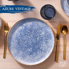 Azure Service de table vintage en grès pour 6 à 24 pièces – Rayures blanches et bleues, surface en relief – Passe au lave-vaisselle, au four et au micro-ondes
