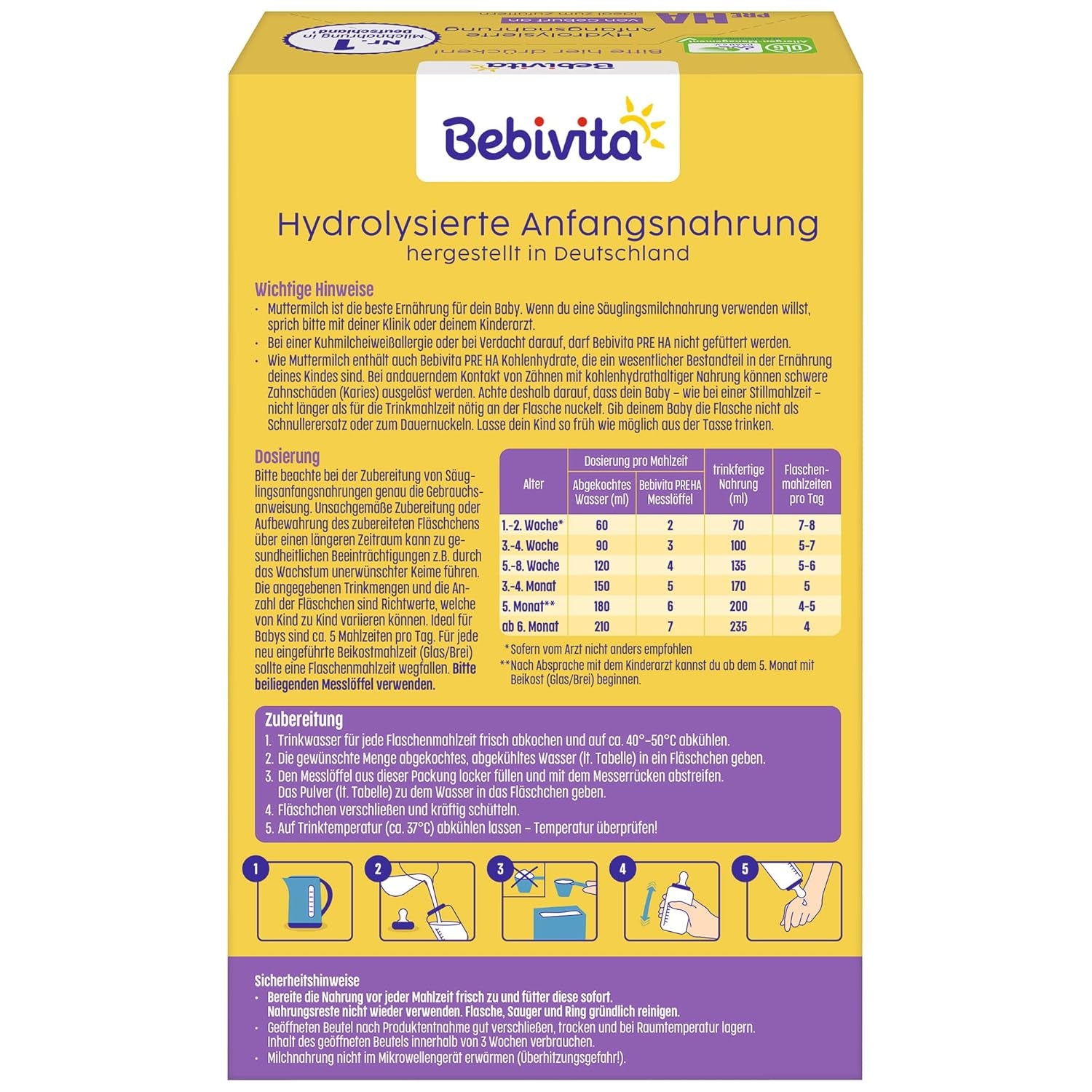PRE HA (5 x 500g), lait en poudre hydrolysé dès la naissance, contient uniquement du lactose comme glucide, adapté à l'alimentation complémentaire