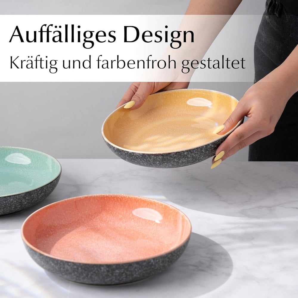 MIAMIO - Assiettes plates, lot de 6 (850 ml) / Assiettes à pâtes grandes et profondes, ensemble d'assiettes pour 6, saladier en céramique / lavable au lave-vaisselle et au micro-ondes - Collection Las Palmitas