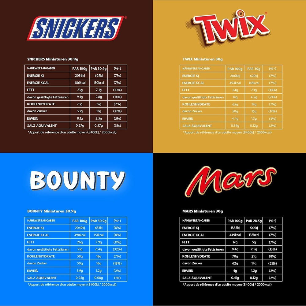 Mix de miniatures, Mars, Snickers, Bounty & Twix, Barres Classiques en format mini, 296 Barres, 3Kg Bonbons Chocolat Naty Shop