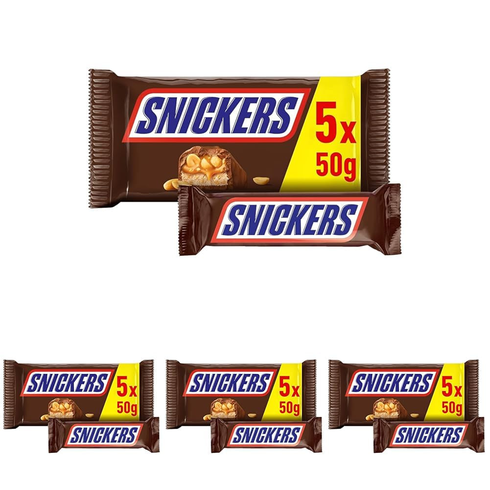 Barre de chocolat Snickers, cacahuètes et caramel, paquet de 5 barres | Snack-foot | (1x5x50g)