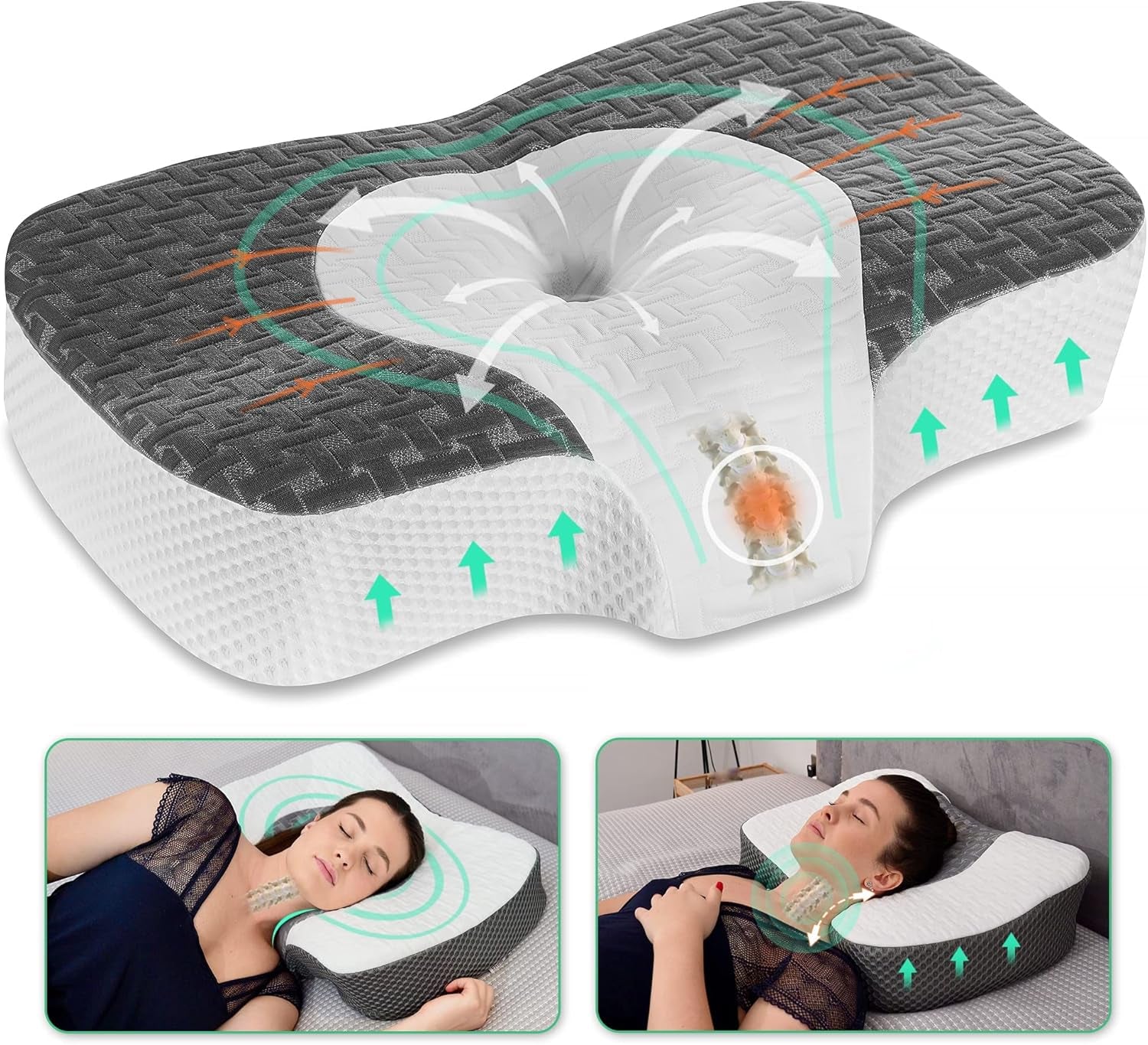Elviros Oreiller orthopédique en mousse à mémoire de forme, oreiller pour douleurs cervicales, oreiller de sommeil, oreiller ergonomique pour le cou, oreiller de soutien du cou, oreiller anti-ronflement pour dormeurs latéraux, dormeurs sur le ventre, blanc Naty Shop Oreillers orthopédiques cervicaux gris foncé 60 x 38,6 x 9,9/13,5 cm