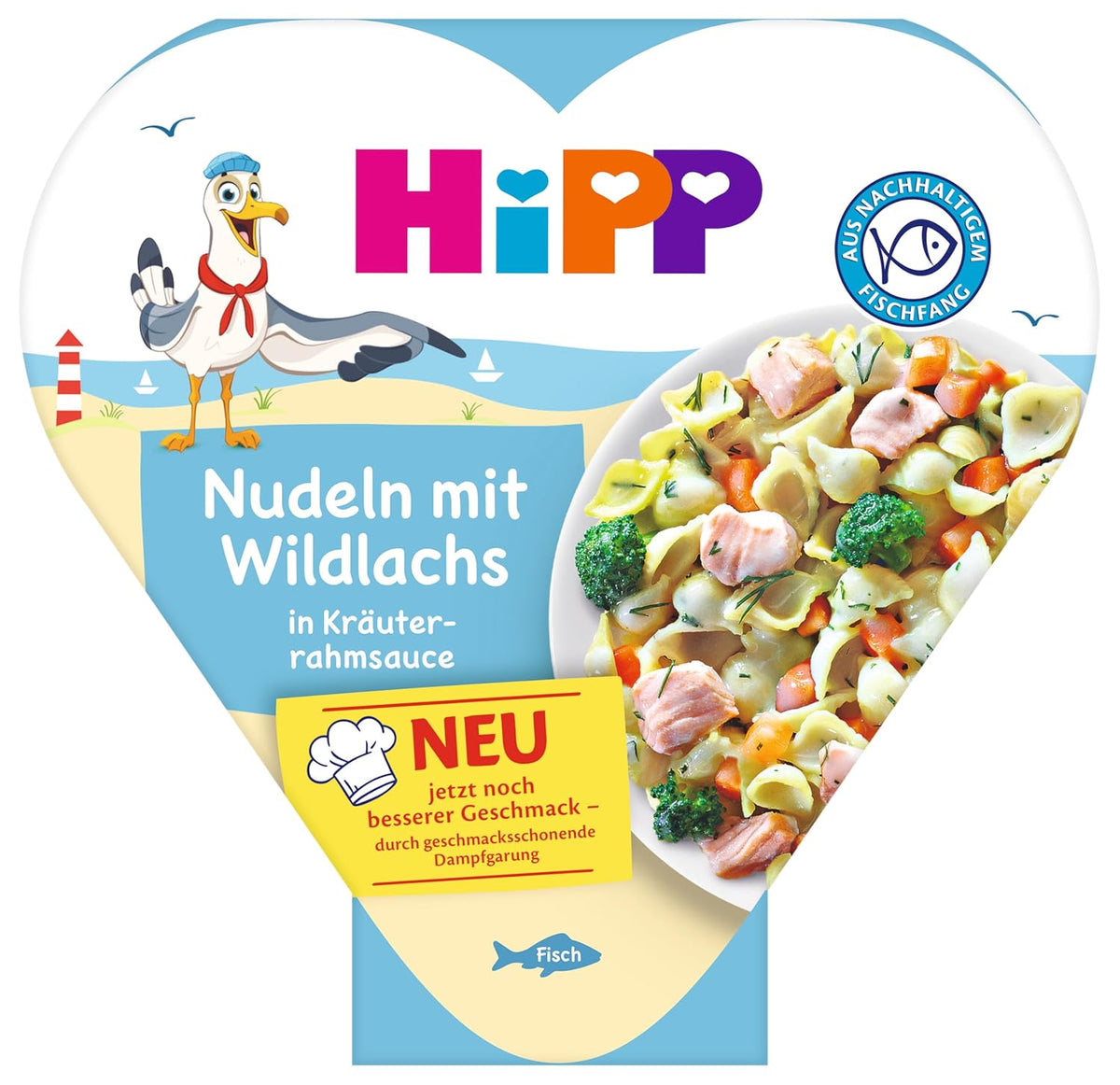 HiPP Nudeln mit Wildlachs in Kräuterrahmsauce (6x250 g), ab 1 Jahr, schonend humidefgegart, kindgerecht gewürzt, aus nachhaltigtem Fischfang