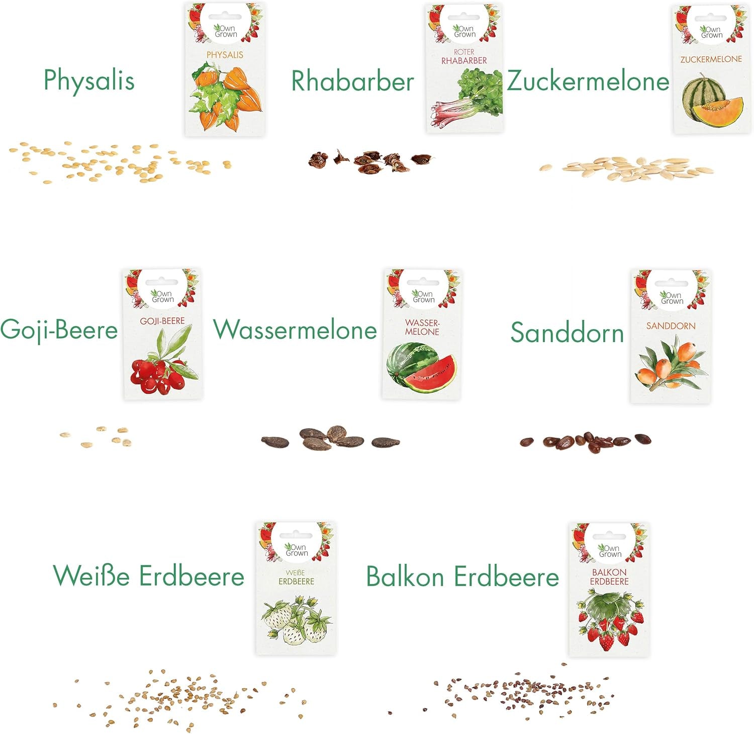 Ensemble de graines de fruits : graines de jardin de qualité supérieure avec 8 variétés de plantes fruitières pour jardin et balcon – graines de pastèque, graines de fraises, groseilles, rhubarbe et plus – Coffret cadeau de graines de fruits de OwnGrown