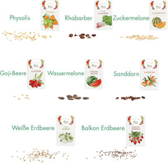 Ensemble de graines de fruits : graines de jardin de qualité supérieure avec 8 variétés de plantes fruitières pour jardin et balcon – graines de pastèque, graines de fraises, groseilles, rhubarbe et plus – Coffret cadeau de graines de fruits de OwnGrown