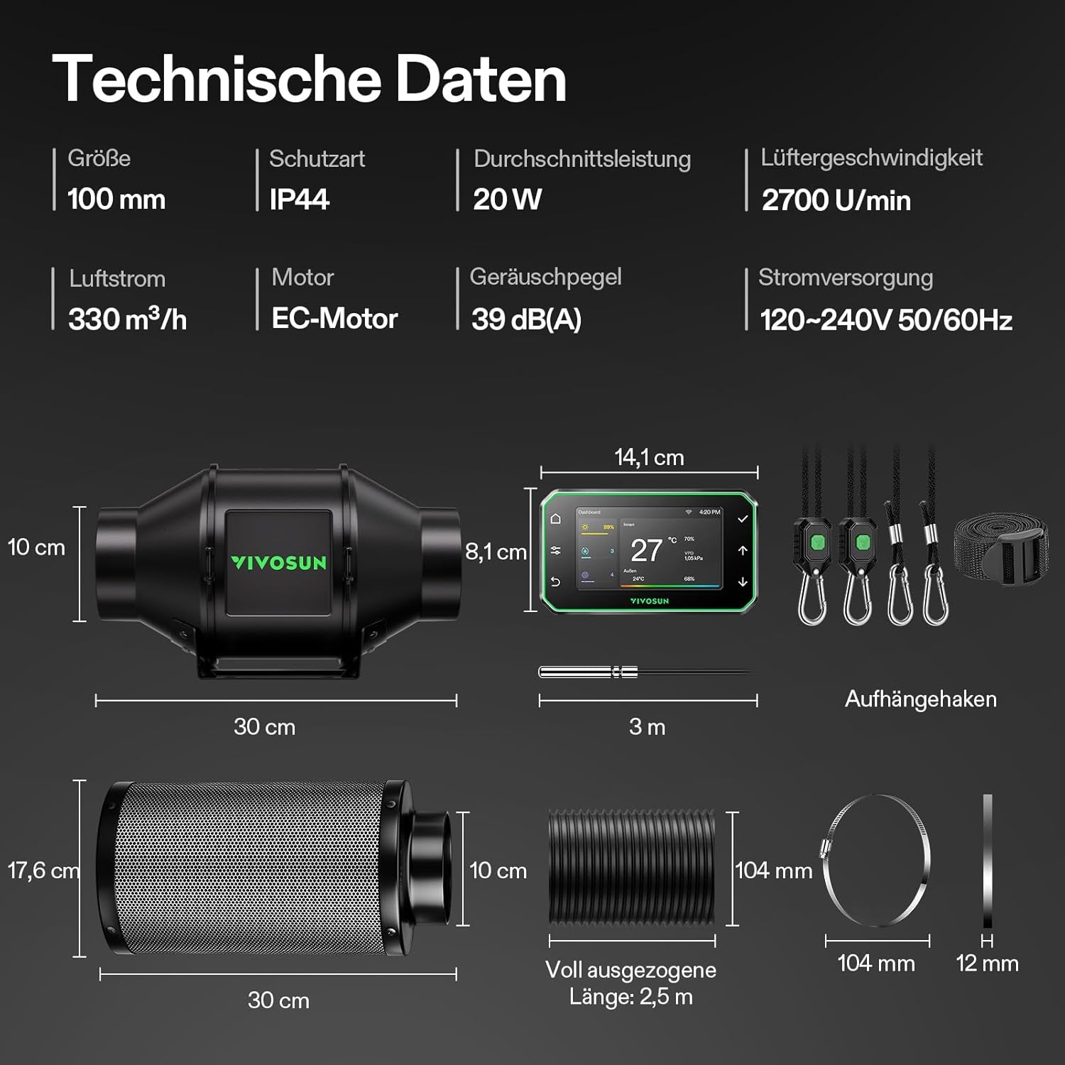 VIVOSUN Kit de ventilateur/échappement intelligent AeroZesh G4 100 mm avec GrowHub E42A+, contrôleur de température et d'humidité, télécommande WiFi/App, filtre à charbon actif et tuyau pour tentes de culture et culture hydroponique