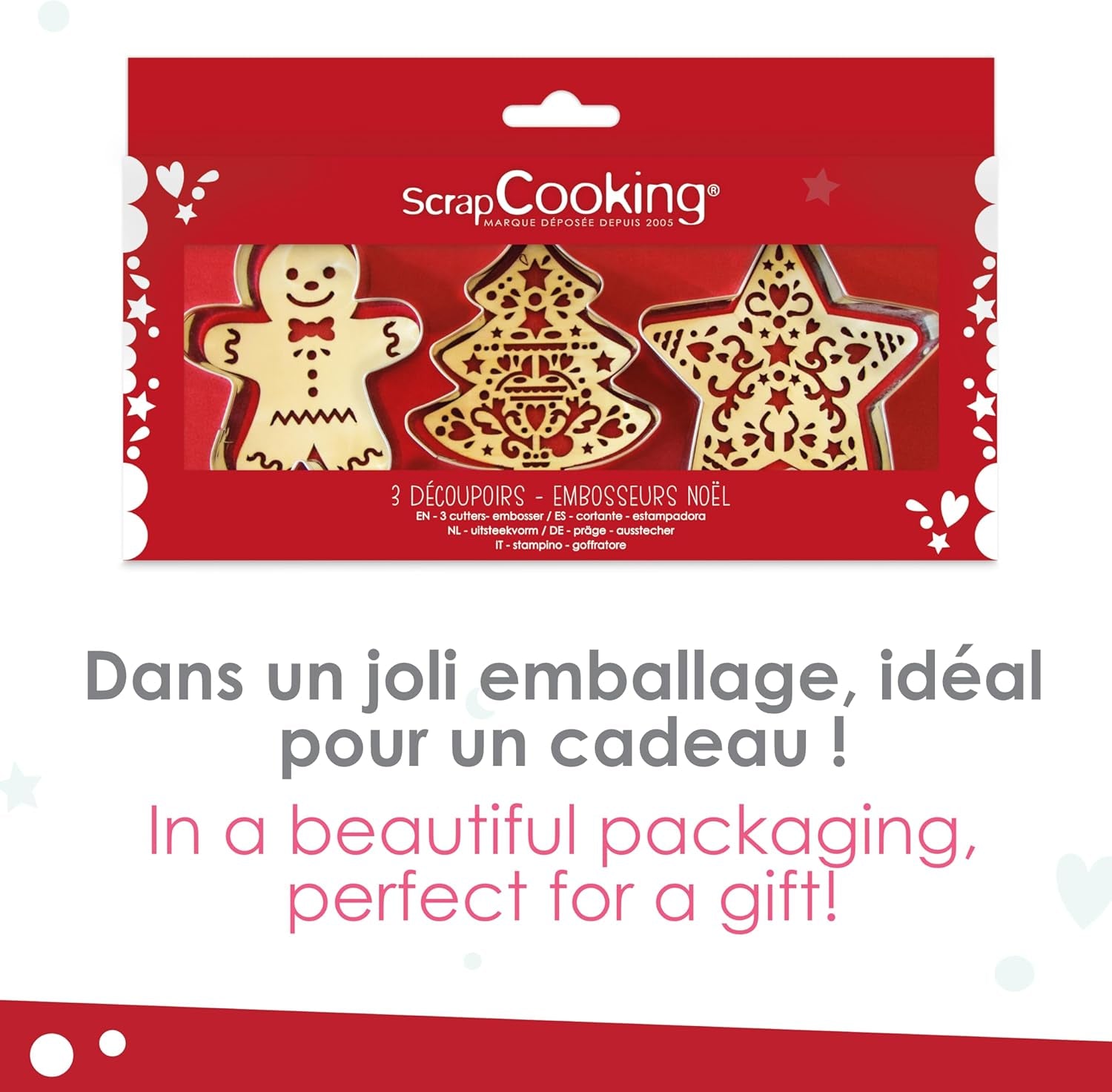SCRAP COOKING 2093 Set de pâtisserie avec coupe-chat en acier inoxydable et gaufrier en bois adapté au contact alimentaire de Noël