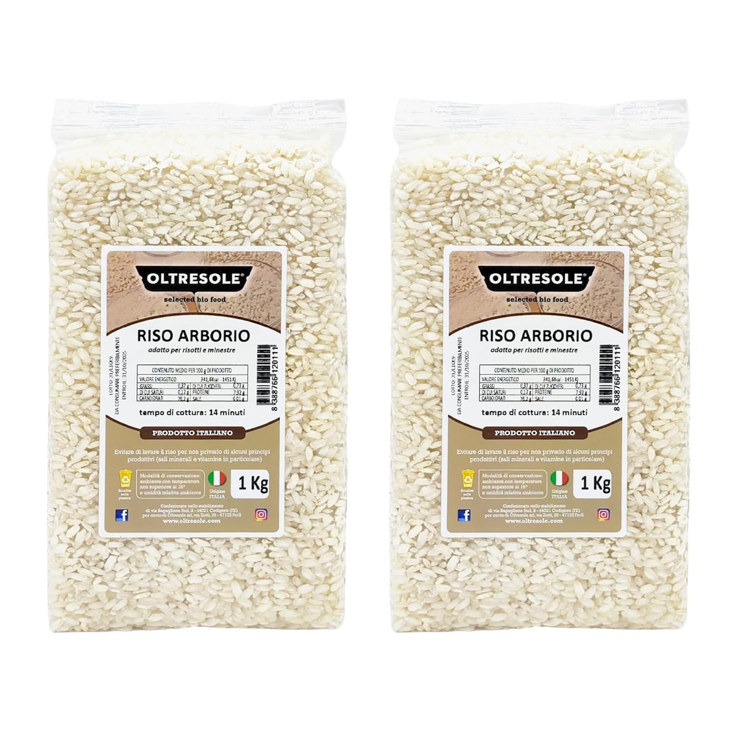 Riz Arborio italien artisanal, riz à gros grains et féculent, idéal pour les soupes, risottos et salades de riz, emballé sous vide en 2 sacs de 1 kg
