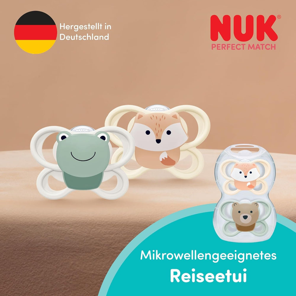 Sucettes NUK Perfect Match Air pour bébés | 0-6 mois | Sucettes orthodontiques qui favorisent la circulation de l'air et empêchent la bave | 95 % d'acceptation par les bébés** | Renard/ours en peluche | Paquet de 2