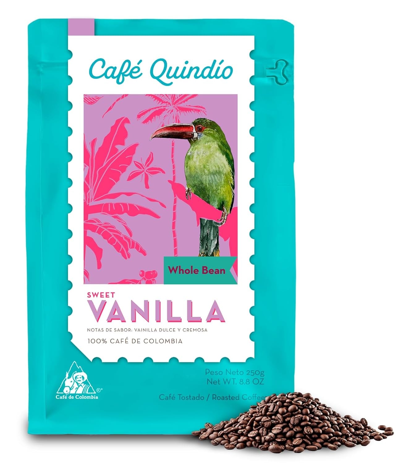 Café de spécialité Café Quindio - Grains de café 100% Arabica, Colombie - aux notes naturelles de vanille douce (250g) - idéal pour le café filtre, les machines porte-filtres ou la presse française