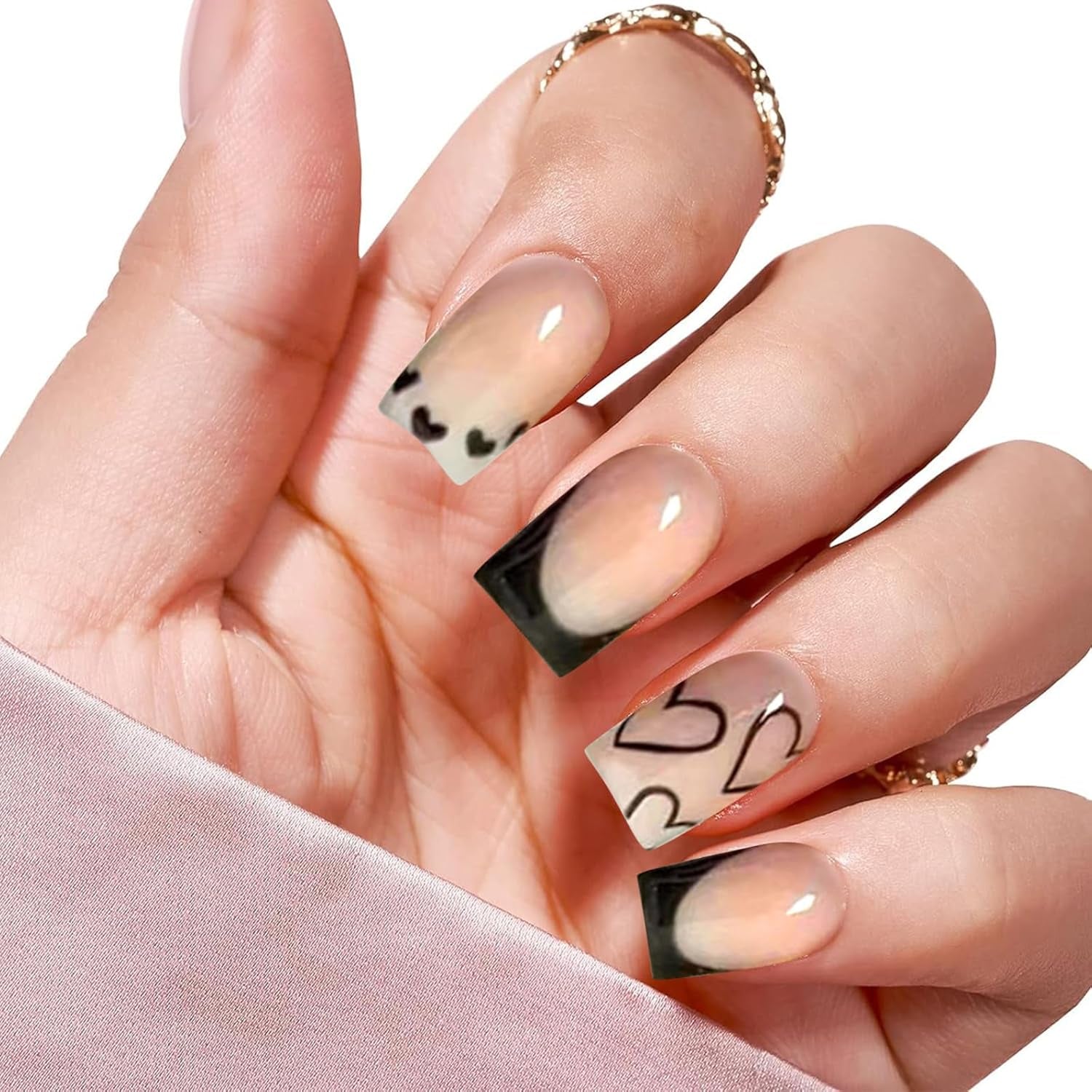 24 bucăți unghii artificiale cu vârf francez, scurte și pătrate, unghii acrilice negre cu design în formă de inimă albă, pentru acoperire completă