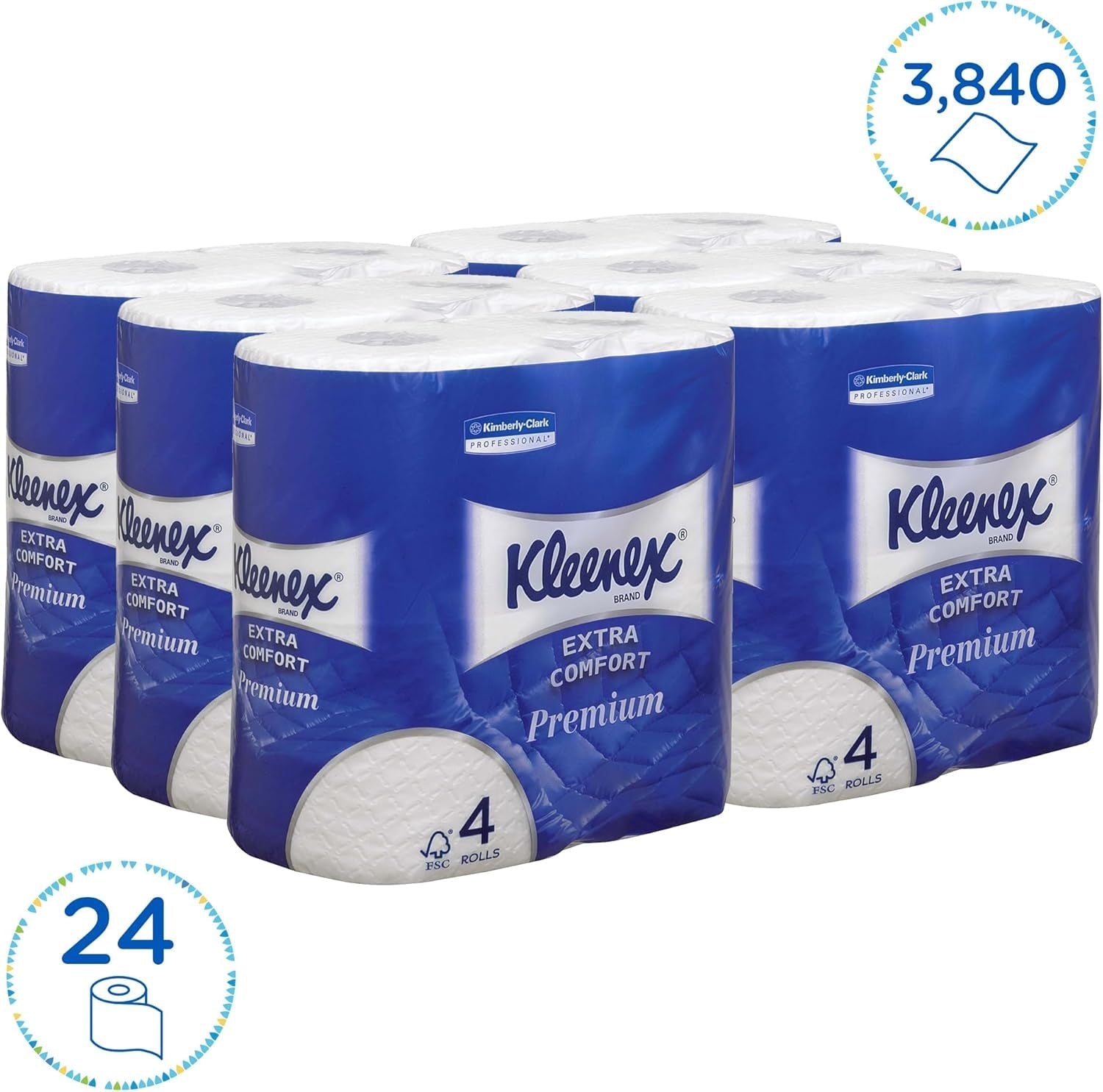 Kleenex Premium Role de hârtie igienică 8484, hârtie igienică cu 4 straturi, hârtie igienică cu foi căptușite din fibre pure 100%, hârtie certificată Fsc, 24 role X 160 (Insg. 3.840 foi)