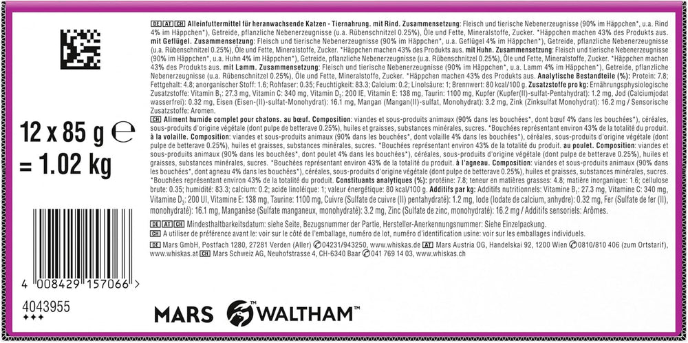 Hrană umedă pentru pisici Whiskas Junior Classic Selection în sos, 48 de pliculețe, 12 x 85 g (pachet de 4) – Hrană umedă de înaltă calitate pentru pisici în creștere, de la 2 la 12 luni