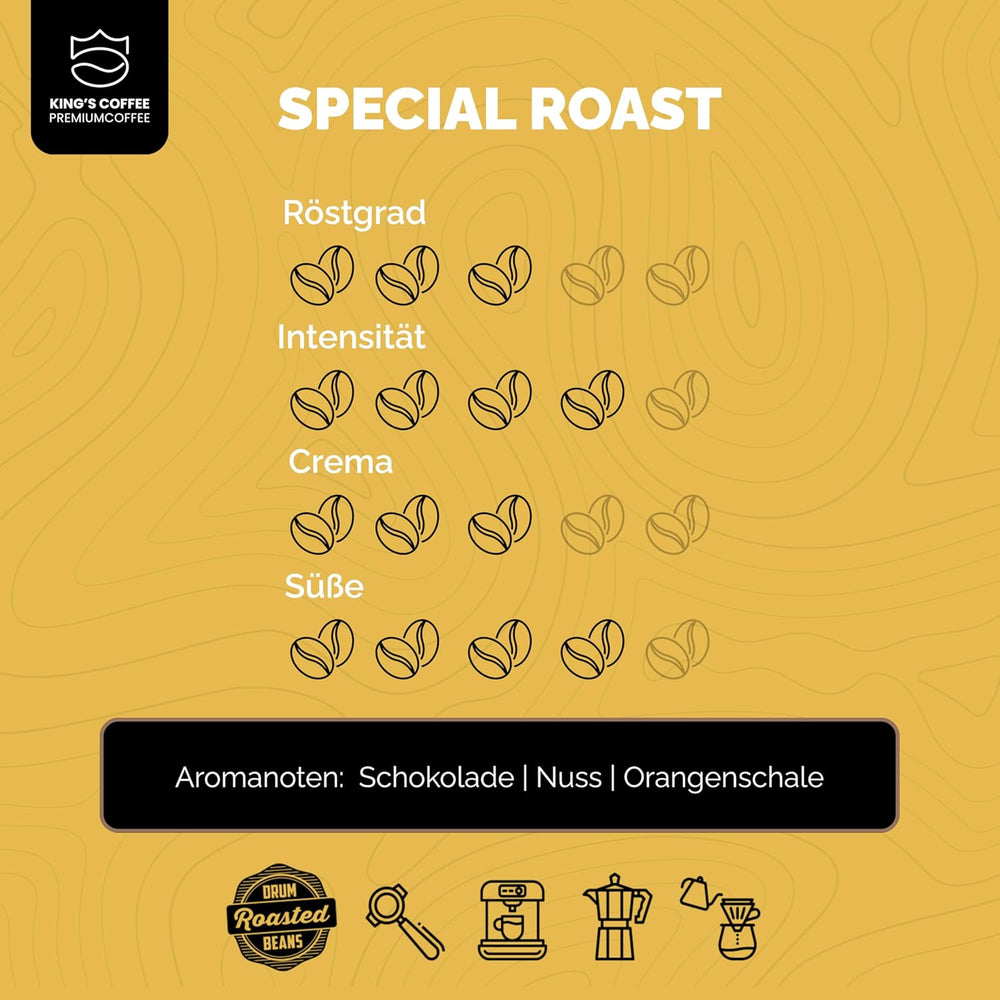 KING'S COFFEE - SPECIAL ROAST - 1 kg de grains d'espresso Barista Premium - Café à faible acidité - Torréfaction en petits lots en Italie - Le meilleur mélange Arabica-Robusta pour machines entièrement automatiques et porte-filtres