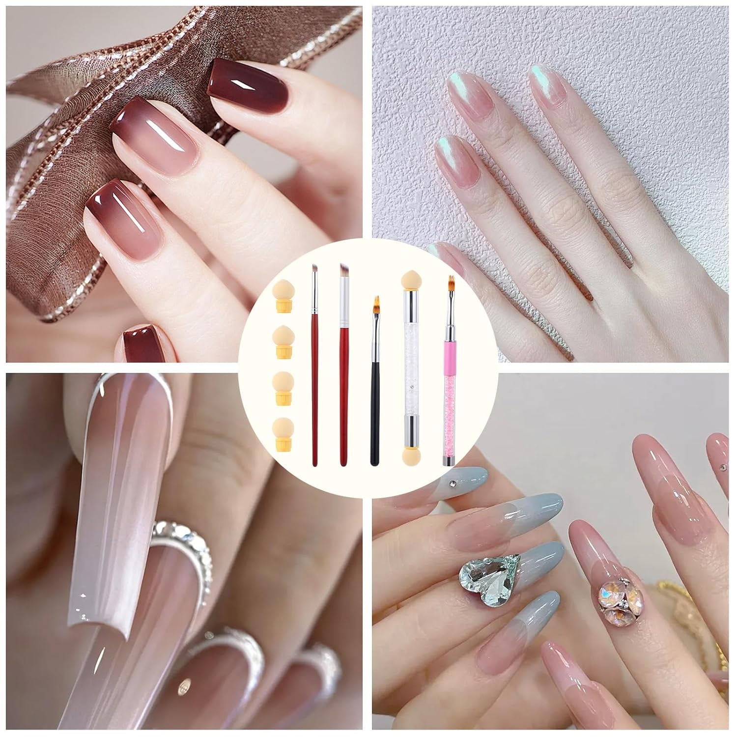 Nail Art Rendering-Werkzeuge Schwamm Undtupfpinsel, Sponge Brush Applicator, Double Kopf Ombre Sponge Stick Mit 4 Ersatzköpfe, Nail Art Schwamm Und Tupfpinsel, Ombre Nagelpinsel Für Gelnägel