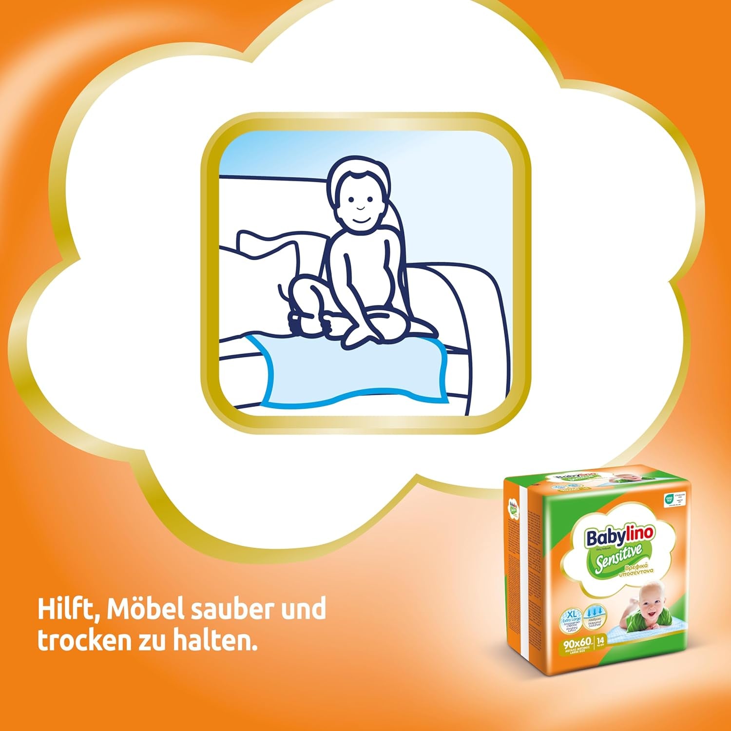 Lingettes humides sensibles, 90 x 60 cm, extra absorbantes, 14 pièces