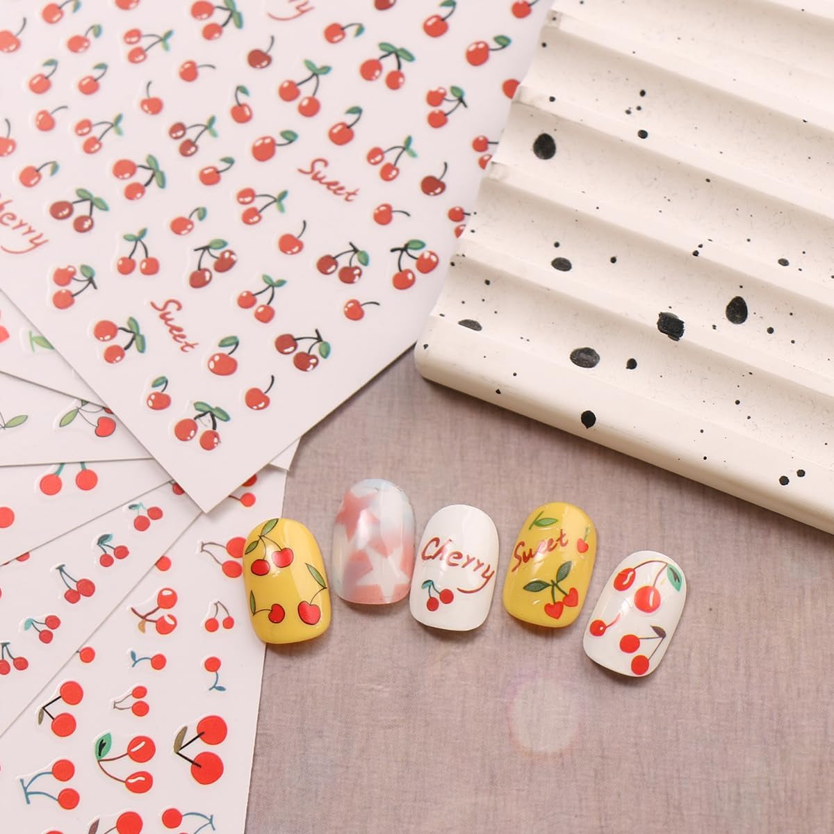 JMEOWIO Nagelsticker Kirschfrucht 6 Blatt Nail Art Sticker Selbstklebend Nagelaufkleber Dekoration Nageldesign Zubehör