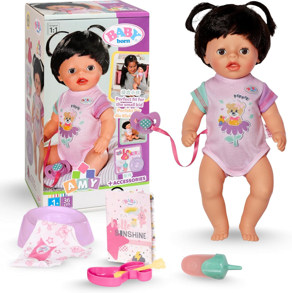 BABY Born Amy - Poupée 36 cm - Poupée bébé avec 7 fonctions pour les tout-petits à partir de 1 an - Fonctionne sans piles - Comprend accessoires et matelas