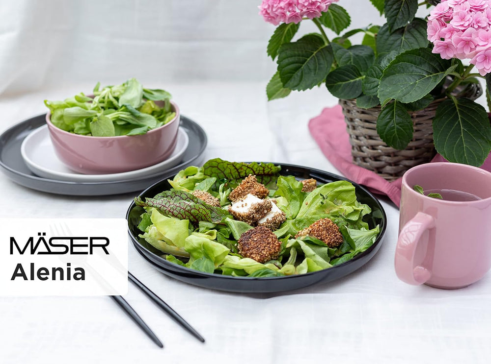 MÄSER 934005 Série Alenia, Service de table pour 4 personnes au design scandinave moderne, Service combiné en céramique de 16 pièces en rose, Grès