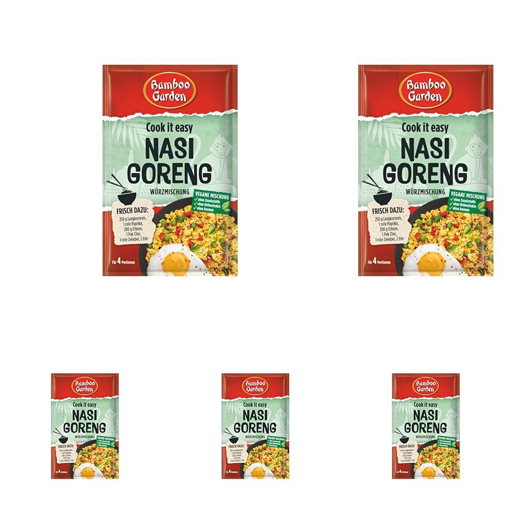 Jardin de bambous - Nasi Goreng Würzmischung | Zum Würzen von Asiatiqueschen Reisgerichten | Pour 4 portions | Vegan, sans Zusatzstoffe, sans Hefeextrakte, sans Aromen | 25 g en sachet
