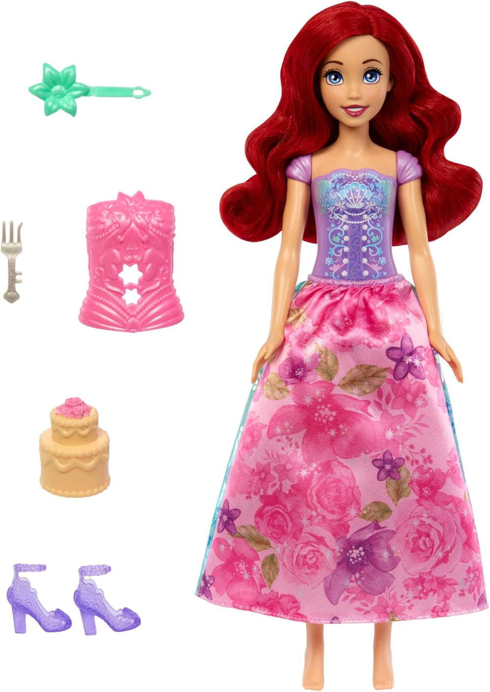 Mattel Disney Princess Ariel Spin & Reveal Fashion Doll Set avec 11 surprises, dont 5 accessoires, 5 autocollants et une scène de jeu inspirée du film HTV88