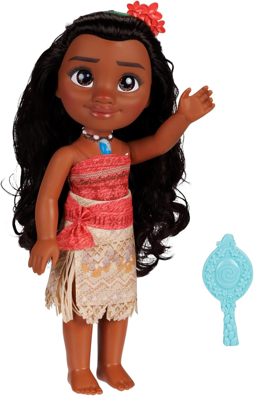 Poupée Disney Princess Moana de 35 cm, yeux réfléchissants à paillettes, articulations mobiles, tenue détachable, pince à fleurs, cheveux longs, pour filles à partir de 3 ans